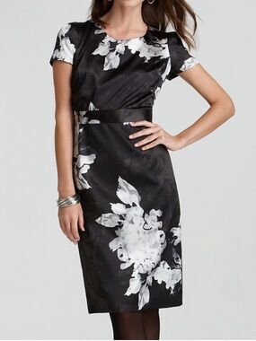 NWT T Tahari Black & White Floral Satin Sheath Dress Size 8